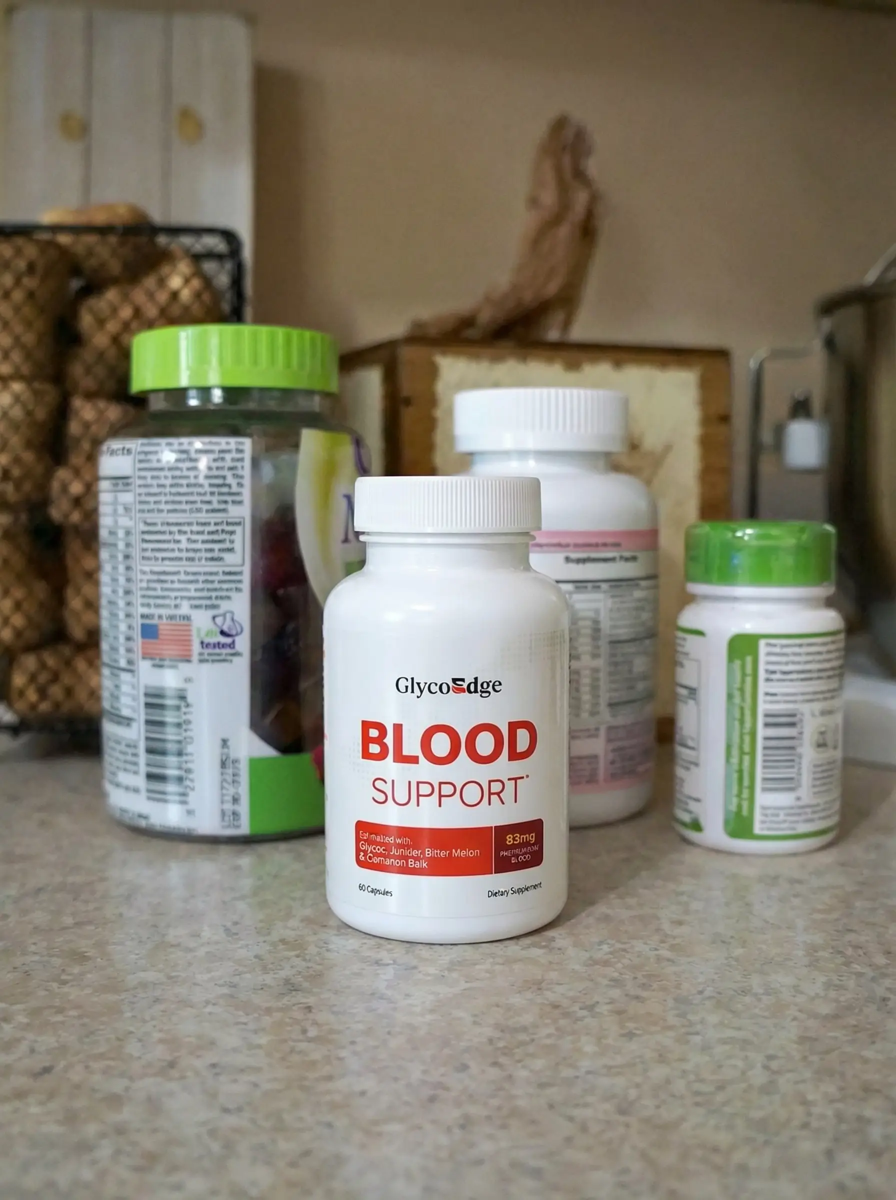 Margaret T. holding GlycoEdge bottle in her kitchen
